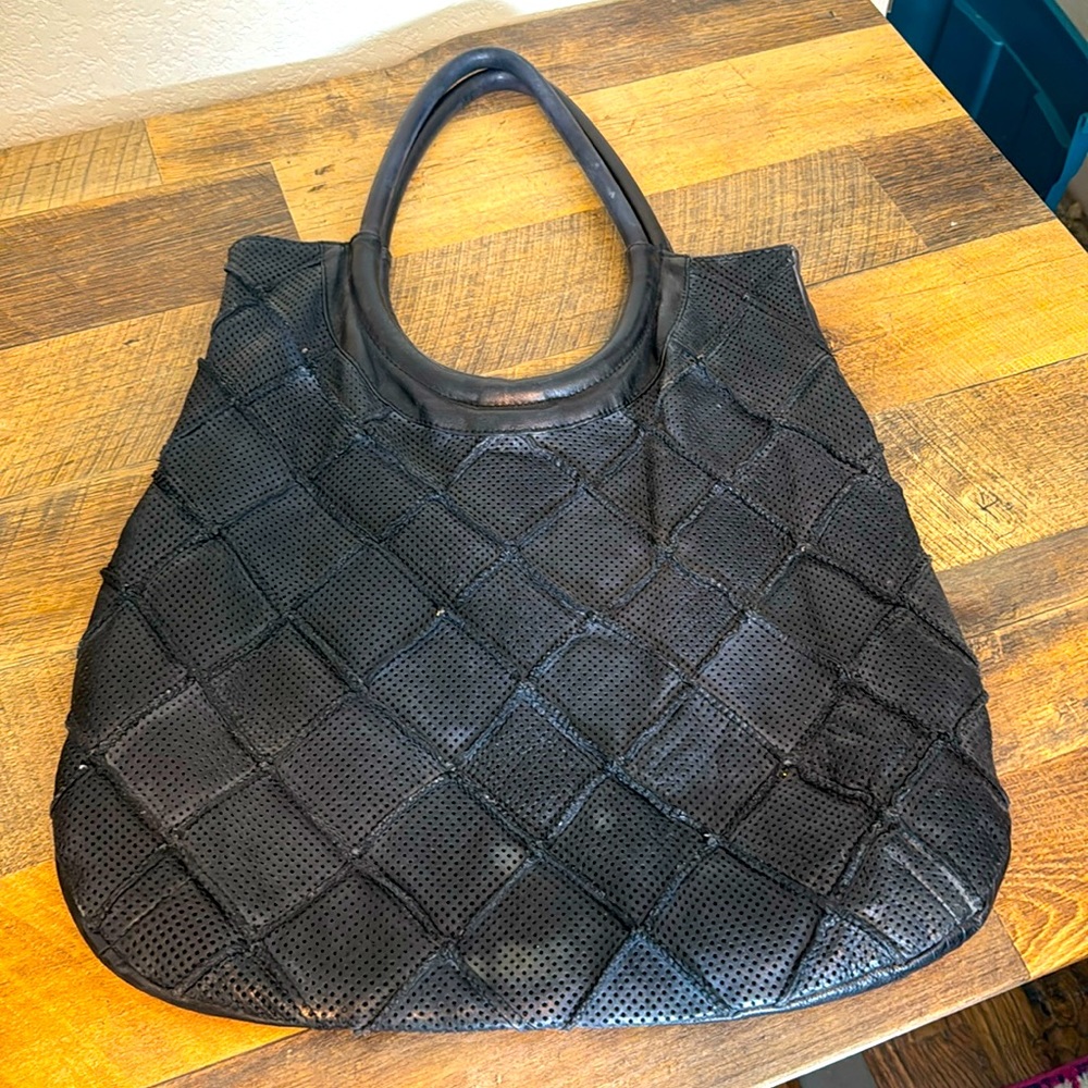 ANTHROPOLOGIE ILLONA 100% LEATHER BLACK LATTICE SHOULDER BAG
